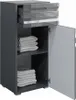 A gray cabinet with an open drawer and an open door, revealing stacked towels inside. Náhľad obrázku produktu