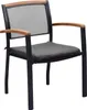 A single outdoor chair with a dark metal frame, wooden armrests, and a gray cushion, set against a white background. Náhled obrázku produktu