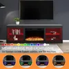 A TV stand with an electric fireplace and LED lighting, displayed in a living room setting with a TV on top. Voir les images du produit