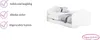 A white children's bed with pillows and a blanket, next to a list of product features. Produktbild-Vorschau