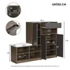 A diagram showing the dimensions of a shoe cabinet with a bench. Voir les images du produit