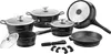 A set of black cookware with glass lids and detachable handles is arranged on a white background. Produktbild-Vorschau
