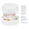 A white baby bottle sterilizer with a clear lid, showing internal components and labels pointing to different parts. Anteprima dell’immagine prodotto