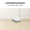 A white robot vacuum cleaner is shown on a light wooden floor, cleaning near a white wall. Arrows indicate its movement path along the wall. Produktbild-Vorschau