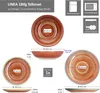 A collage of images showing different sizes of plates and bowls from a dinnerware set, along with icons indicating product features and dimensions. Náhled obrázku produktu