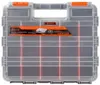 A clear, front-facing studio shot of a transparent plastic organizer with orange dividers and latches. Anteprima dell’immagine prodotto