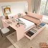 A pink Jugendbett with integrated desk and storage drawers, set up in a bedroom with a window and curtains.