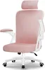 A pink and white ergonomic office chair with a headrest, shown from a front-side angle against a white background.