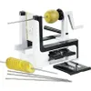 A potato spiralizer with a potato attached and sliced potatoes on skewers. Produktbild-Vorschau
