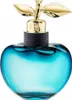 A blue apple-shaped perfume bottle with a gold stem and leaves. Voir les images du produit