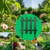 A collage of garden scenes, with a close-up of a dark green plastic garden fence in the center. Produktbild-Vorschau