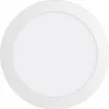 A close-up, front-facing view of a round, white LED ceiling light with a thin, silver-colored rim. Produktbild-Vorschau