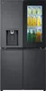A front view of a black LG multi-door refrigerator with a glass door that shows drinks inside. Produktbild-Vorschau