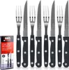 A set of steak knives and forks displayed on a white background, with a product box in the lower left corner. Voir les images du produit