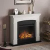 A white electric fireplace with a realistic flame effect is shown in a room setting. Produktbild-Vorschau