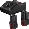 A black Bosch battery charger and two black Bosch batteries are shown against a white background. Voir les images du produit