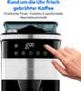 A close-up of a coffee maker's control panel with a hand pressing a button, and marketing text at the top. Produktbild-Vorschau