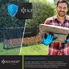 A collage showing a KESSER® Kaminholzregal in different scenarios, including in the rain and being held by a man. Text overlays describe the product's features. Produktbild-Vorschau