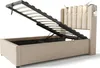 A bed frame with the mattress support lifted to reveal storage space underneath. Two small reading lights are attached to the headboard. Produktbild-Vorschau