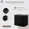 A marketing image showcasing a black bathroom cabinet with ribbed detailing and gold handles, accompanied by text highlighting its features and design. Produktbild-Vorschau