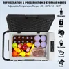 An open portable refrigerator filled with various food and beverage items, with icons and text describing its features and storage modes. Náhled obrázku produktu