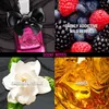 A collage of four images showcasing a perfume bottle, berries, a gardenia flower, and amber liquid, with text indicating scent notes. Podgląd zdjęcia produktu