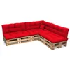 A sectional sofa made of wooden pallets with red cushions, shown against a white background. Produktbild-Vorschau