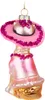 A glass Christmas ornament shaped like a cat wearing a pink hat and dress. Produktbild-Vorschau