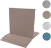 A stack of brown acoustic wall panels with four circular swatches of different colored panels on the right. Produktbild-Vorschau