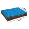 A stack of folded, multi-colored camping mats with dimensions indicated. Produktbild-Vorschau