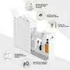 A white narrow cabinet with pull-out shelves, shown with product bottles and towels inside. Callouts highlight features like hinges, handles, and wheels. Produktbild-Vorschau