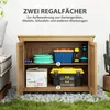 A wooden garden storage cabinet with its doors open, displaying various gardening tools and storage boxes on its shelves. Produktbild-Vorschau