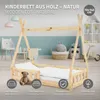 A wooden children's bed in a nursery setting, with decorative elements and icons highlighting features. Produktbild-Vorschau