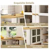 A collage of four images showcasing details of a white and wood-tone multifunctional bar table with a sideboard and cabinet. Produktbild-Vorschau