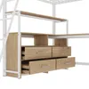 A close-up view of a loft bed's integrated storage unit, featuring wooden drawers and shelves, against a white background. Produktbild-Vorschau