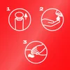 Three circular diagrams showing instructions for using a product. Produktbild-Vorschau