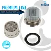 A product shot of a faucet aerator and its components, with marketing text and branding. Produktbild-Vorschau