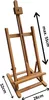 A wooden easel with dimensions indicated by arrows and text. Produktbild-Vorschau