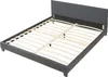 A dark gray upholstered bed frame with wooden slats, shown from a diagonal front view against a white background. Produktbild-Vorschau