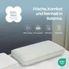 A pillow on a bed with marketing text and icons. Produktbild-Vorschau