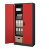 An open metal filing cabinet with red doors and a gray interior, filled with office supplies like binders and trays. Produktbild-Vorschau