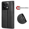 A black flip case for a Xiaomi Redmi Note 13 Pro 5G phone, shown from the front and with a close-up of the magnetic closure detail. A graphic of a magnet with text is also present. Produktbild-Vorschau