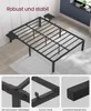 A black metal bed frame is shown from a high angle in a room with a light gray rug and white walls. The image is divided into three sections, with the main image showing the bed frame and two smaller images below highlighting specific features. Produktbild-Vorschau