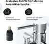 A close-up marketing image of a faucet cartridge and part of a faucet, with text highlighting features. Produktbild-Vorschau