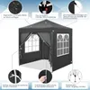 A dark gray pop-up gazebo with windows, shown from the front and slightly to the side, with various features highlighted by callout circles and text. Produktbild-Vorschau