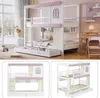 A collage of images showcasing a white and pink children's bunk bed with a house-like design, including different angles and a close-up of the lower bunk. Anteprima dell’immagine prodotto