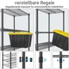 A collage of images showing a black metal shelving unit with yellow storage bins, demonstrating adjustable shelf heights and assembly components. Produktbild-Vorschau