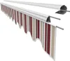 A retractable awning with red and beige stripes, shown in a retracted state. Produktbild-Vorschau