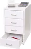 A white metal filing cabinet with four drawers, one of which is open, showing a red pen and some papers. A calculator and a hole punch are on top of the cabinet. Produktbild-Vorschau