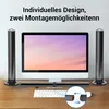 A computer monitor with two speakers and a soundbar on a desk, with text overlay. Produktbild-Vorschau